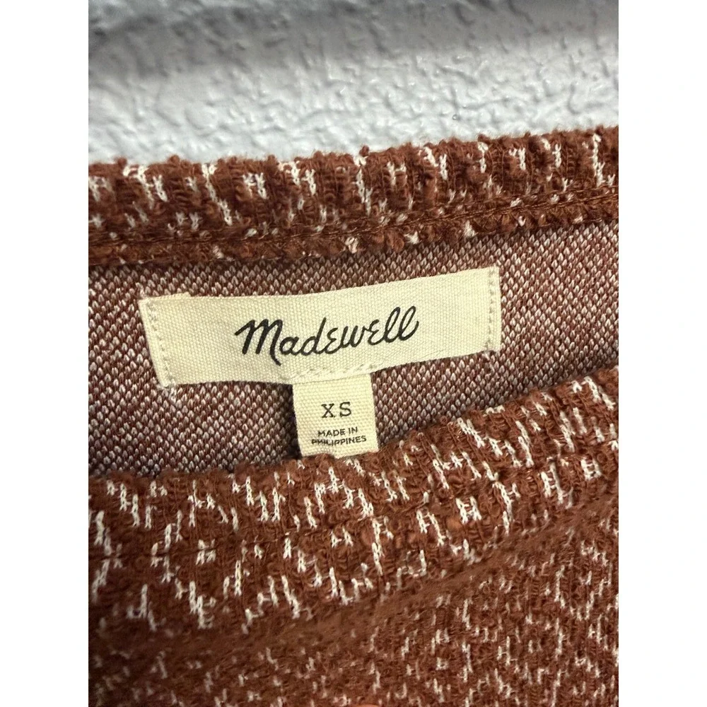 Madewell XS Rust Brown Jacquard Diamond Square Neck Puff Sleeve Top Blouse